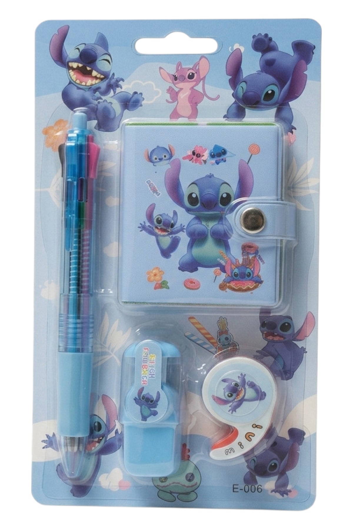 Set Papeterie Enfant – Stitch Disney – Stylo 4 Couleurs + Carnet + Surligneur Bleu + Scotch Rouge – Neuf
