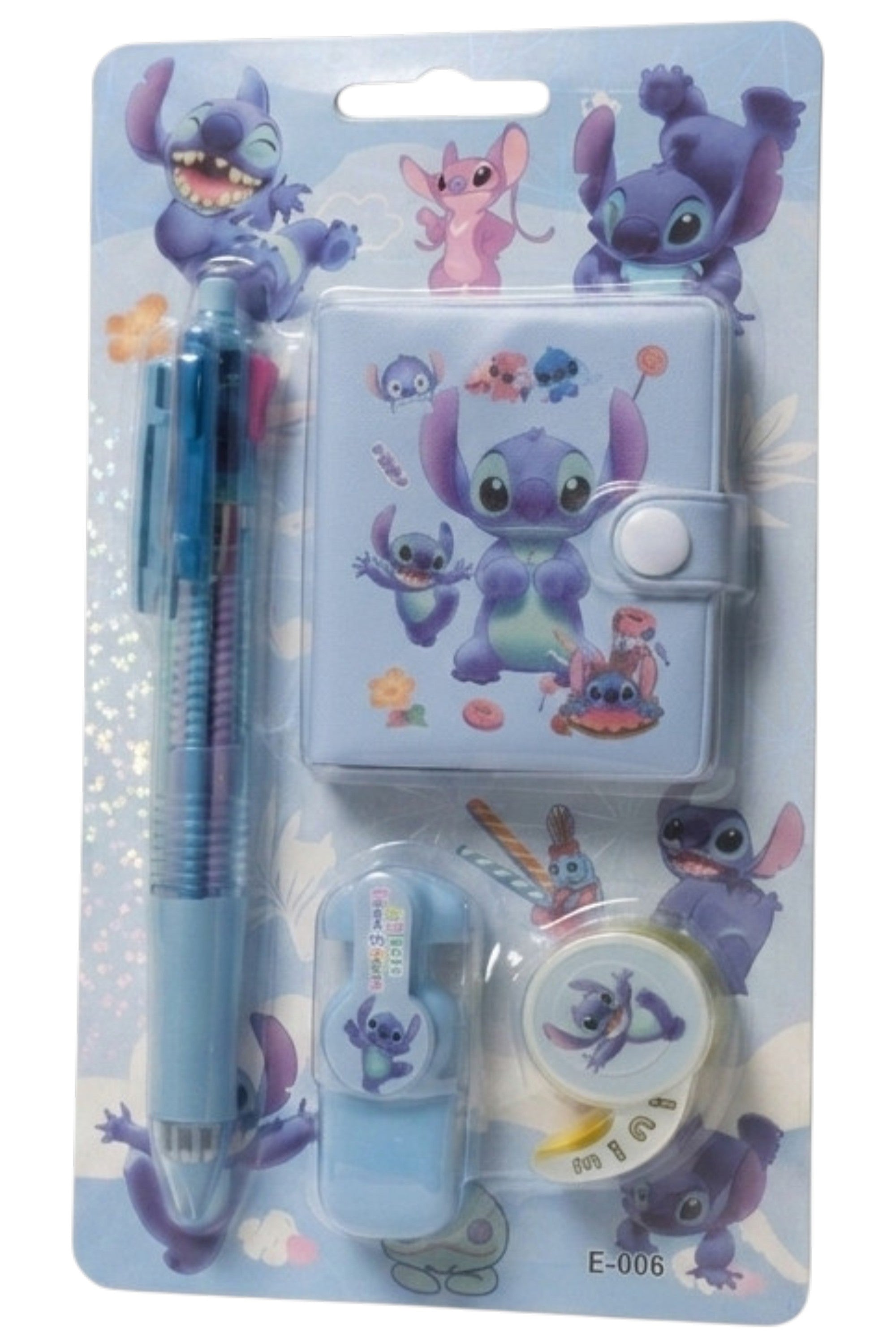 Set Papeterie Enfant – Stitch Disney – Stylo 4 Couleurs + Carnet + Surligneur Bleu + Scotch – Neuf