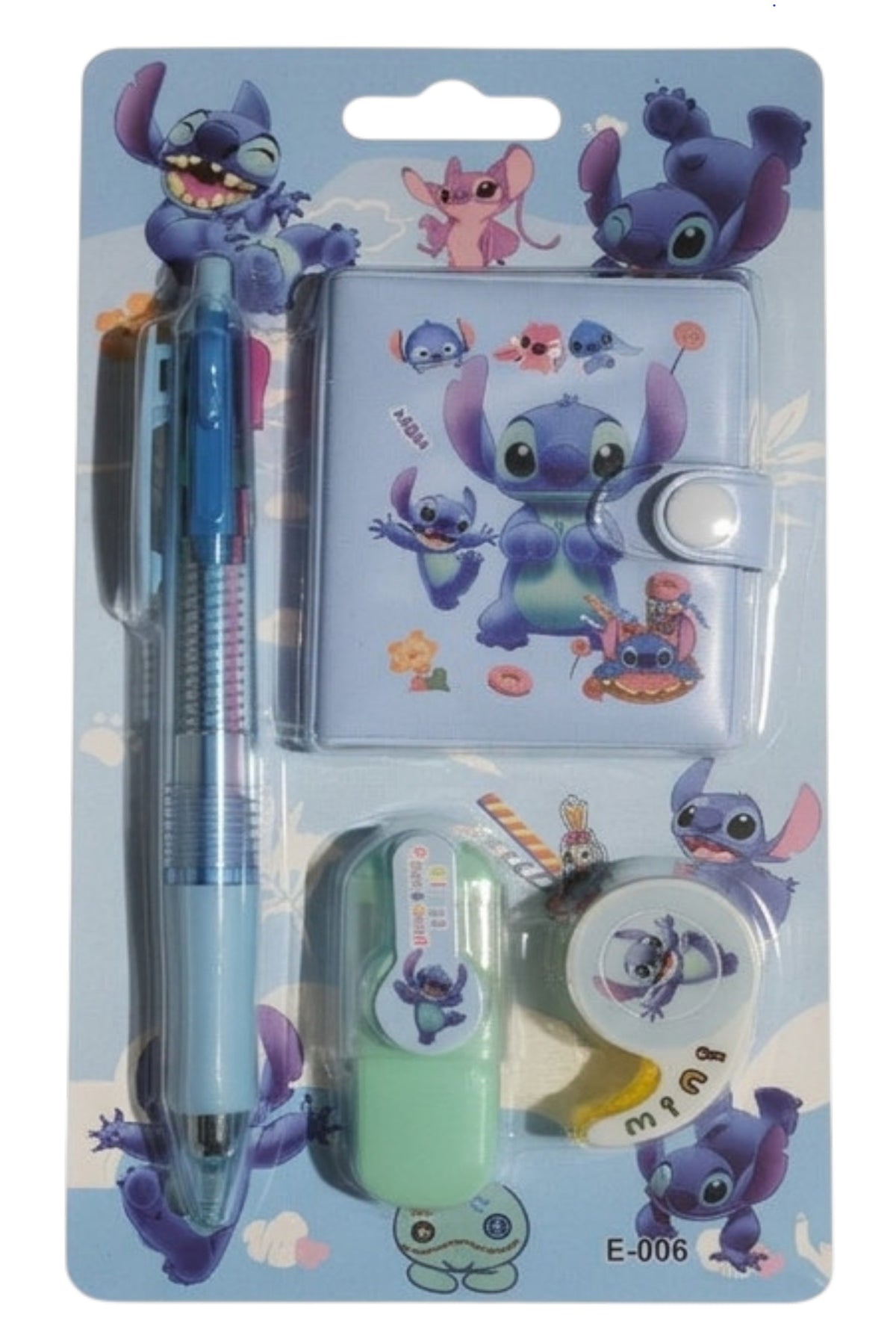 Set Papeterie Enfant – Stitch Disney – Stylo 4 Couleurs + Carnet + Surligneur Vert + Scotch Jaune – Neuf
