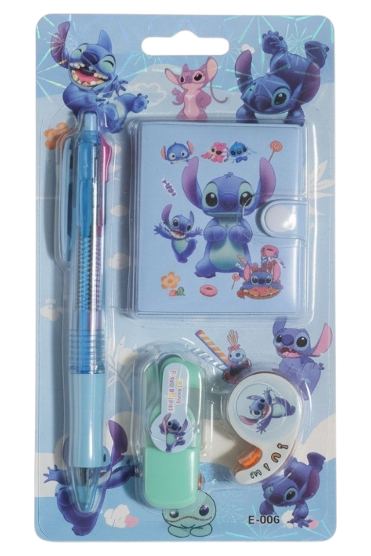 Set Papeterie Enfant – Stitch Disney – Stylo 4 Couleurs + Carnet + Surligneur Vert + Scotch Rouge – Neuf