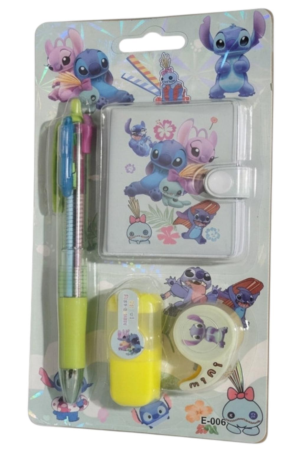 Set Papeterie Enfant – Stitch Disney – Stylo 4 Couleurs + Carnet + Surligneur Jaune + Scotch – Neuf