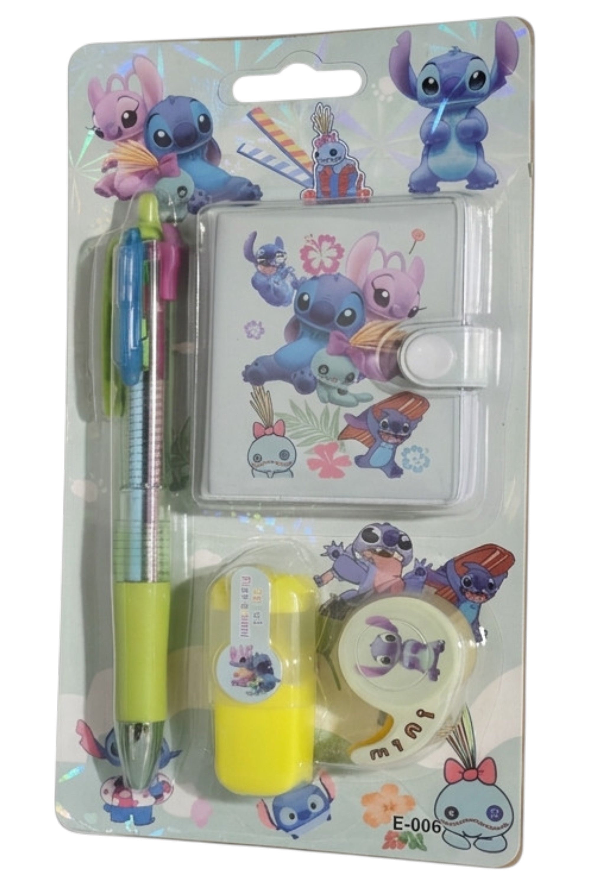 Set Papeterie Enfant – Stitch Disney – Stylo 4 Couleurs + Carnet + Surligneur Jaune + Scotch – Neuf