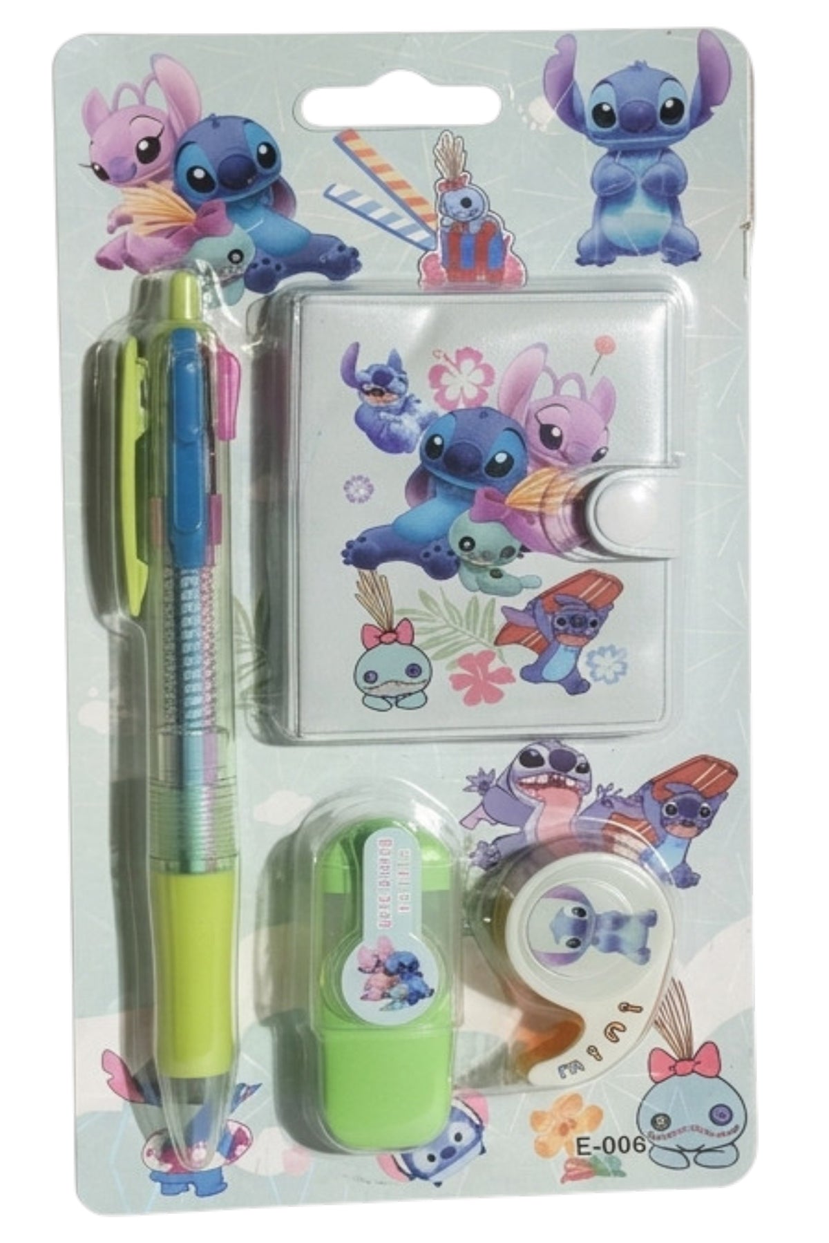Set Papeterie Enfant – Stitch Disney – Stylo 4 Couleurs + Carnet + Surligneur Vert + Scotch Rouge – Neuf