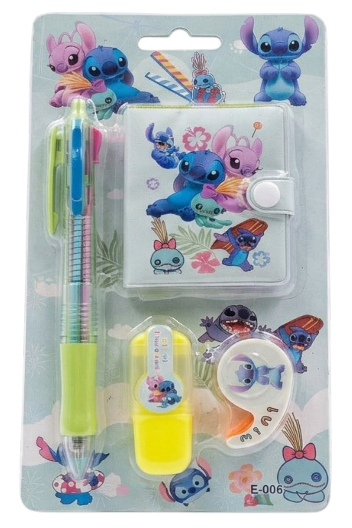 Set Papeterie Enfant – Stitch Disney – Stylo 4 Couleurs + Carnet + Surligneur Jaune + Scotch Rouge – Neuf