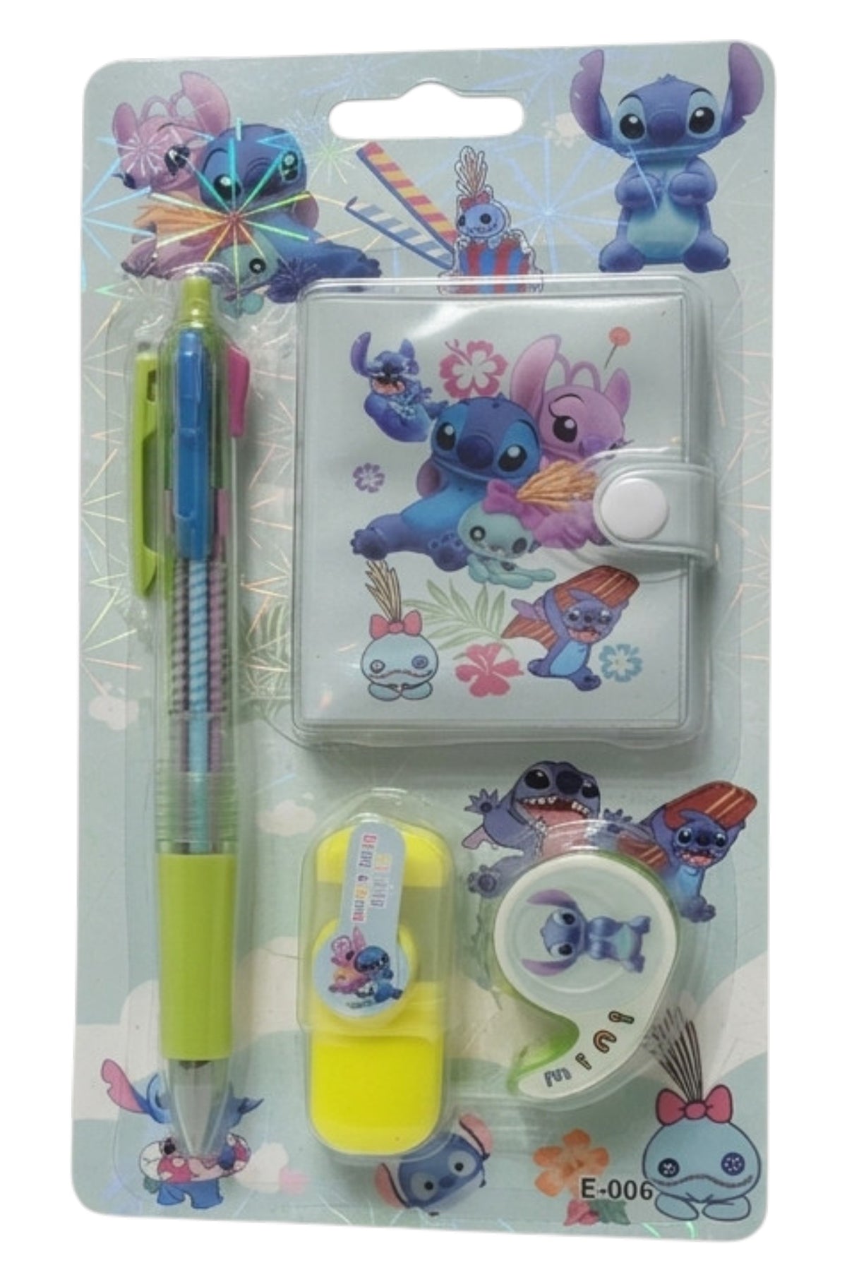 Set Papeterie Enfant – Stitch Disney – Stylo 4 Couleurs + Carnet + Surligneur Jaune + Scotch Vert – Neuf