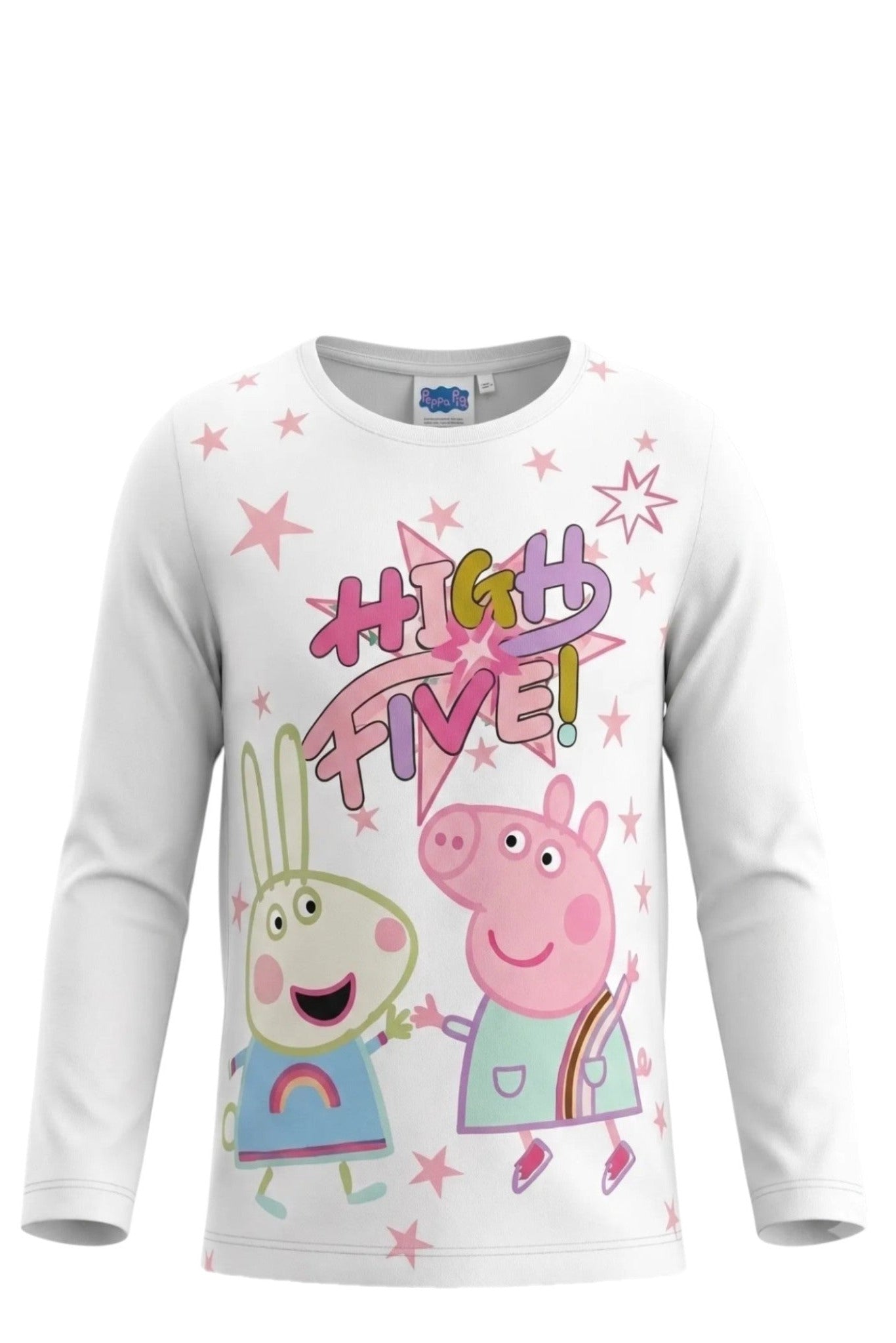 T-shirt Fille Manches Longues Blanc – Motif Peppa Pig & Rebecca "High Five!" – Étoiles Roses – 3 à 6 ans – Neuf