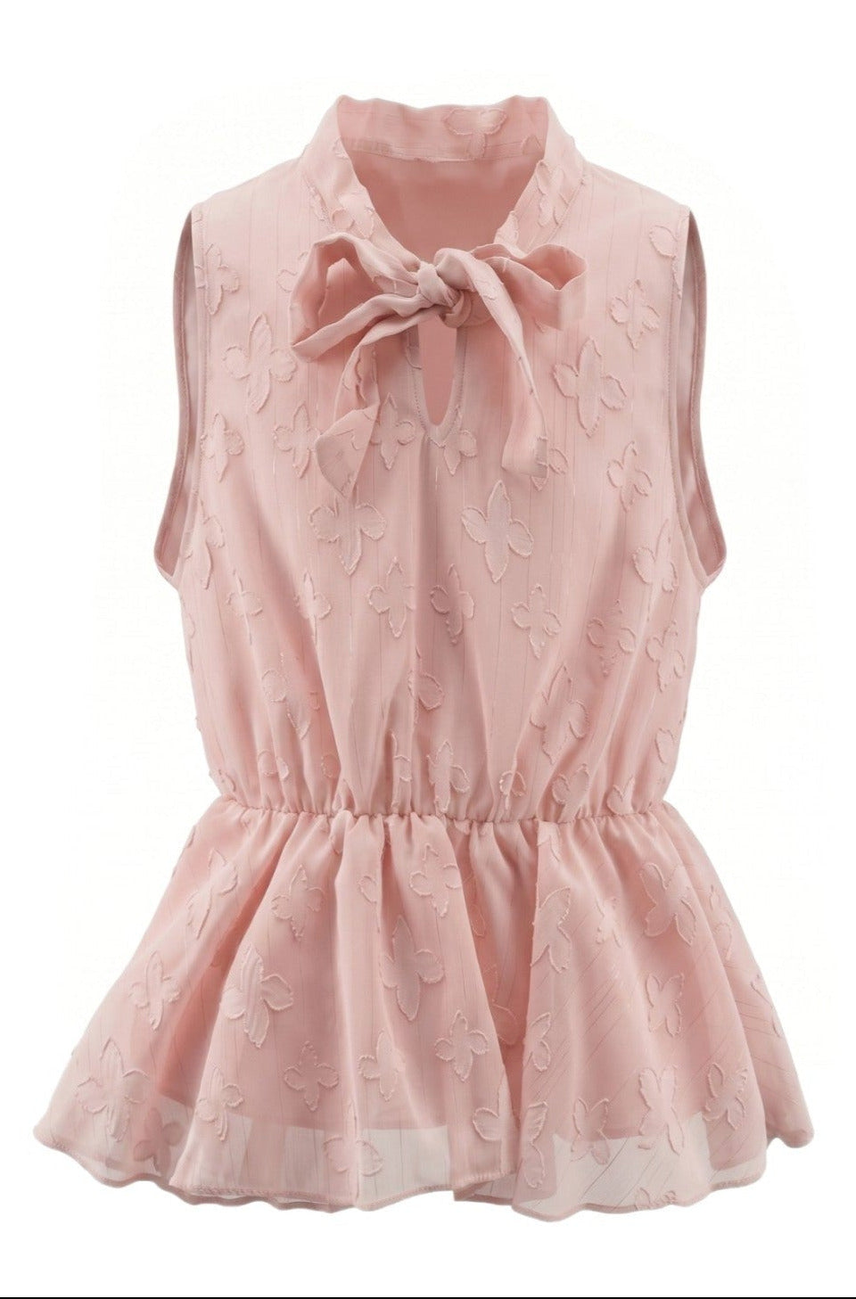 Blouse Fille Rose Satinée – Col Nœud & Motifs en Relief – Sans Manches – 4 à 14 ans – Neuf