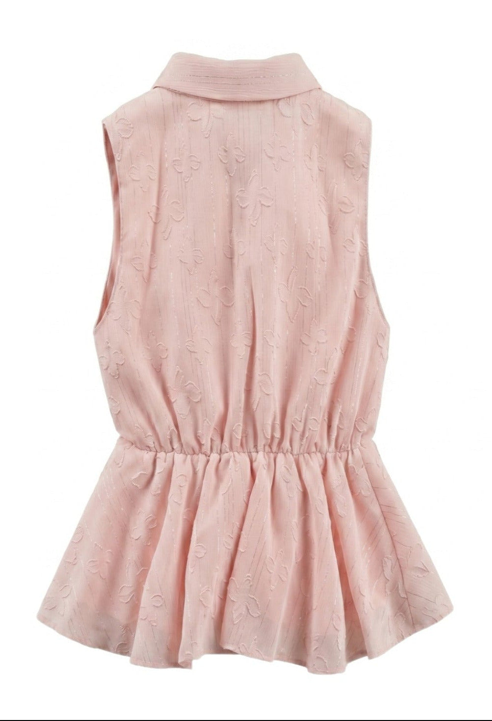 Blouse Fille Rose Satinée – Col Nœud & Motifs en Relief – Sans Manches – 4 à 14 ans – Neuf