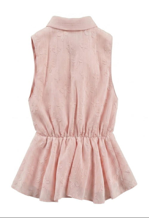 Blouse Fille Rose Satinée – Col Nœud & Motifs en Relief – Sans Manches – 4 à 14 ans – Neuf