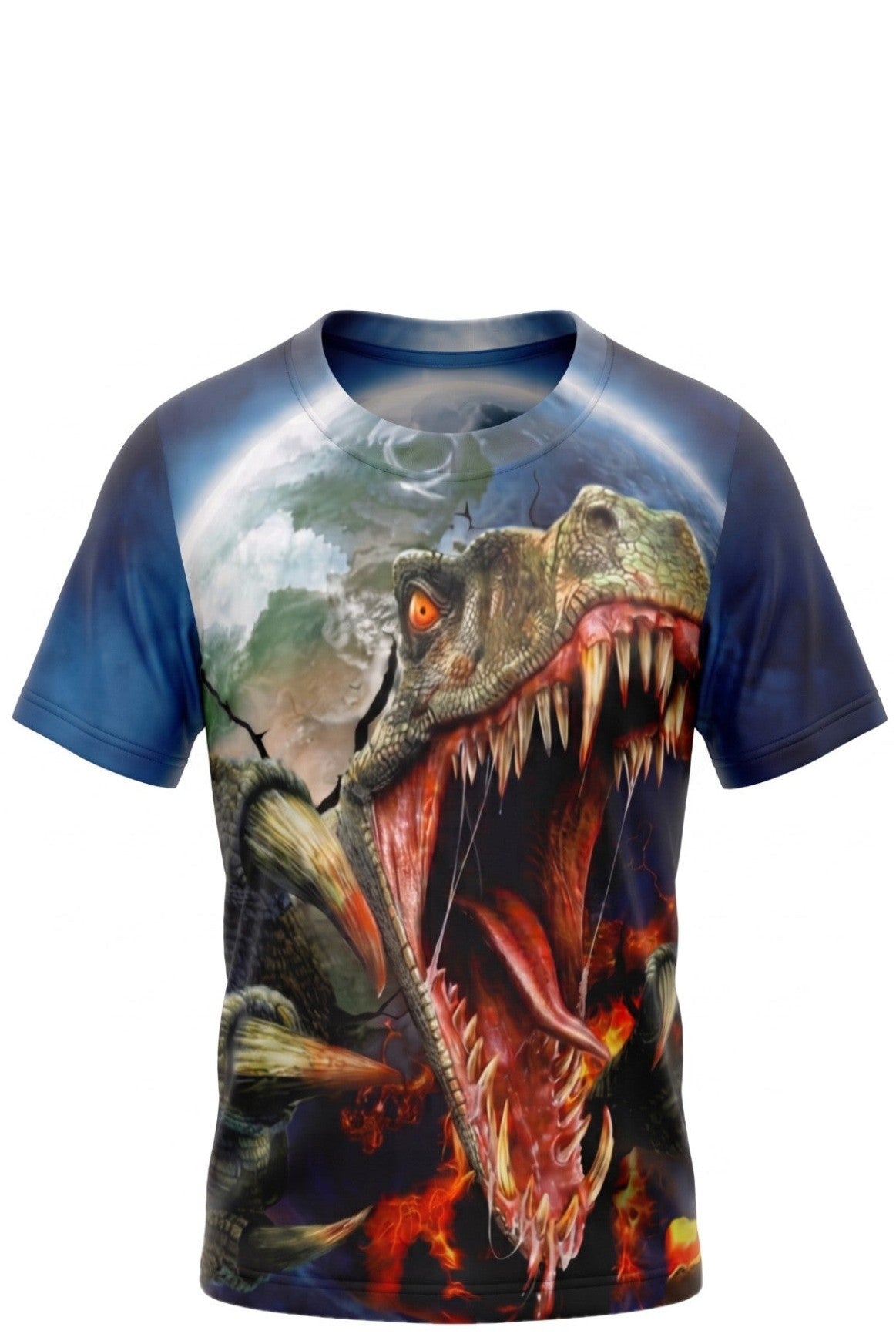 T-shirt Garçon Dinosaure T-Rex Rugissant – Impression Sublimée Full Print – Scène Volcanique – 4 à 14 ans – Neuf