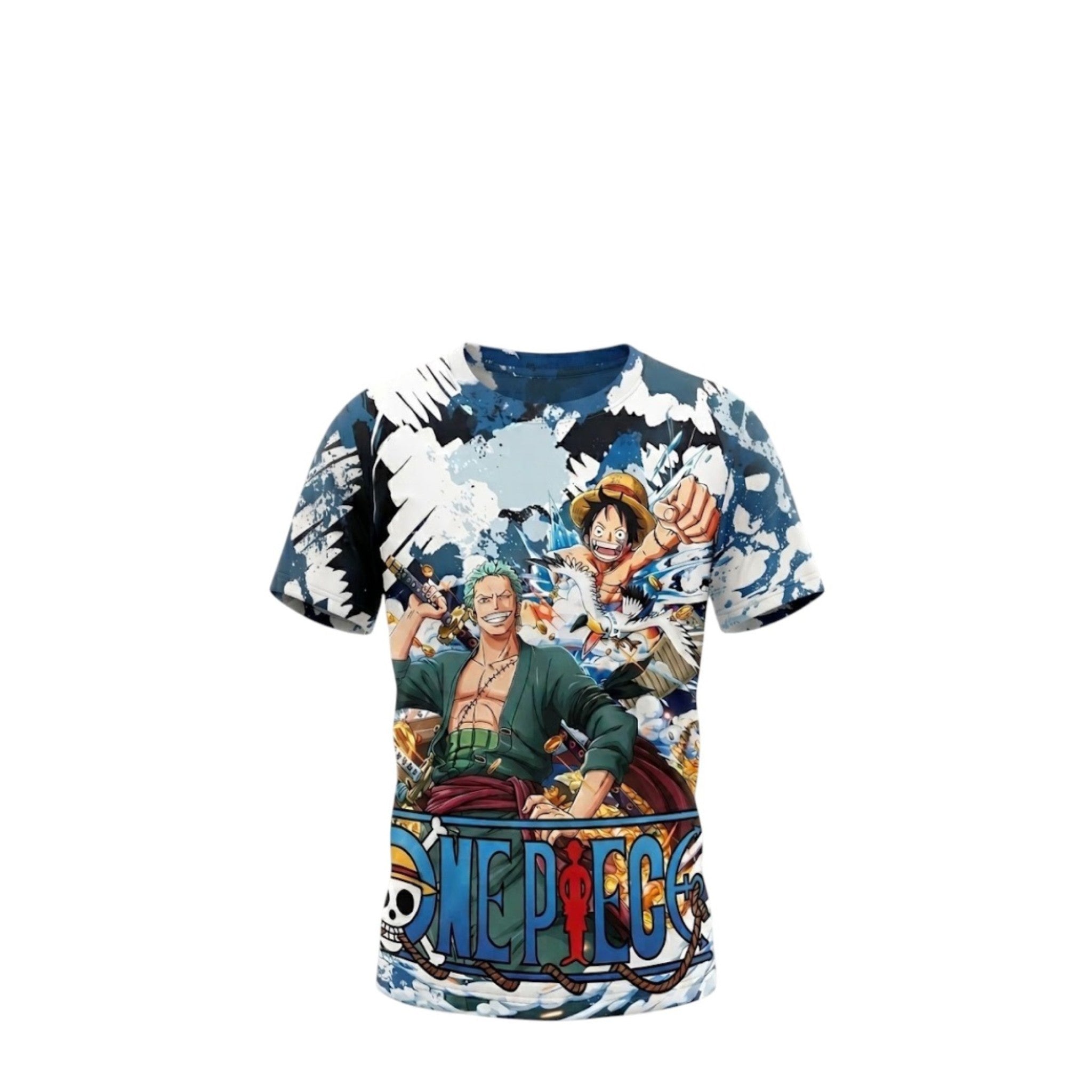 T-shirt Garçon One Piece – Luffy & Zoro – Devant Sublimé / Dos Uni Blanc – Couleurs Éclatantes – 4 à 14 ans – Neuf