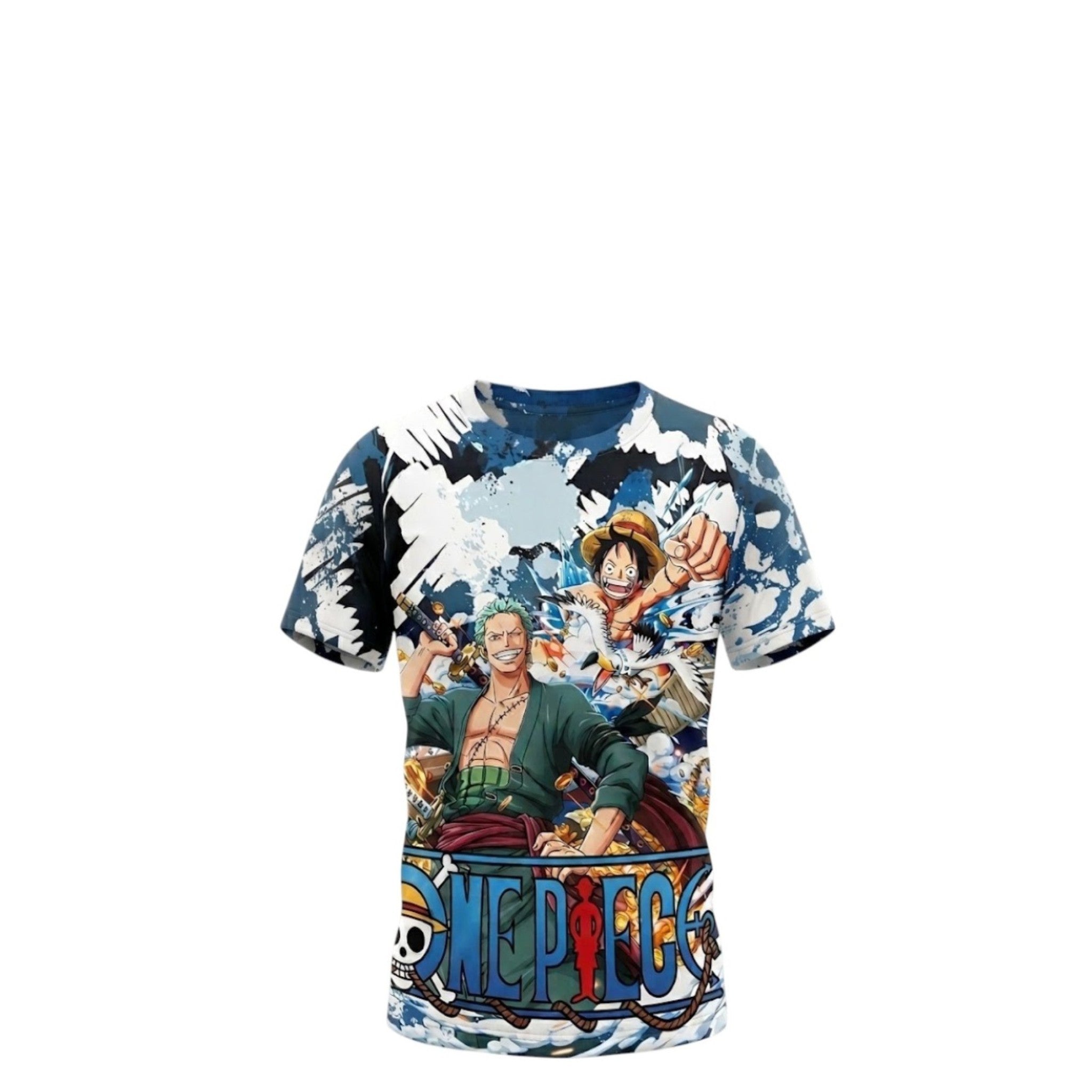 T-shirt Garçon One Piece – Luffy & Zoro – Devant Sublimé / Dos Uni Blanc – Couleurs Éclatantes – 4 à 14 ans – Neuf