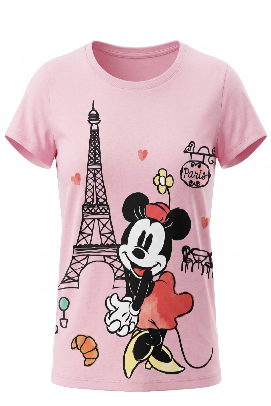 T-shirt Fille Rose Pastel Minnie Mouse à Paris – Manches Courtes – 3 à 8 ans – Neuf
