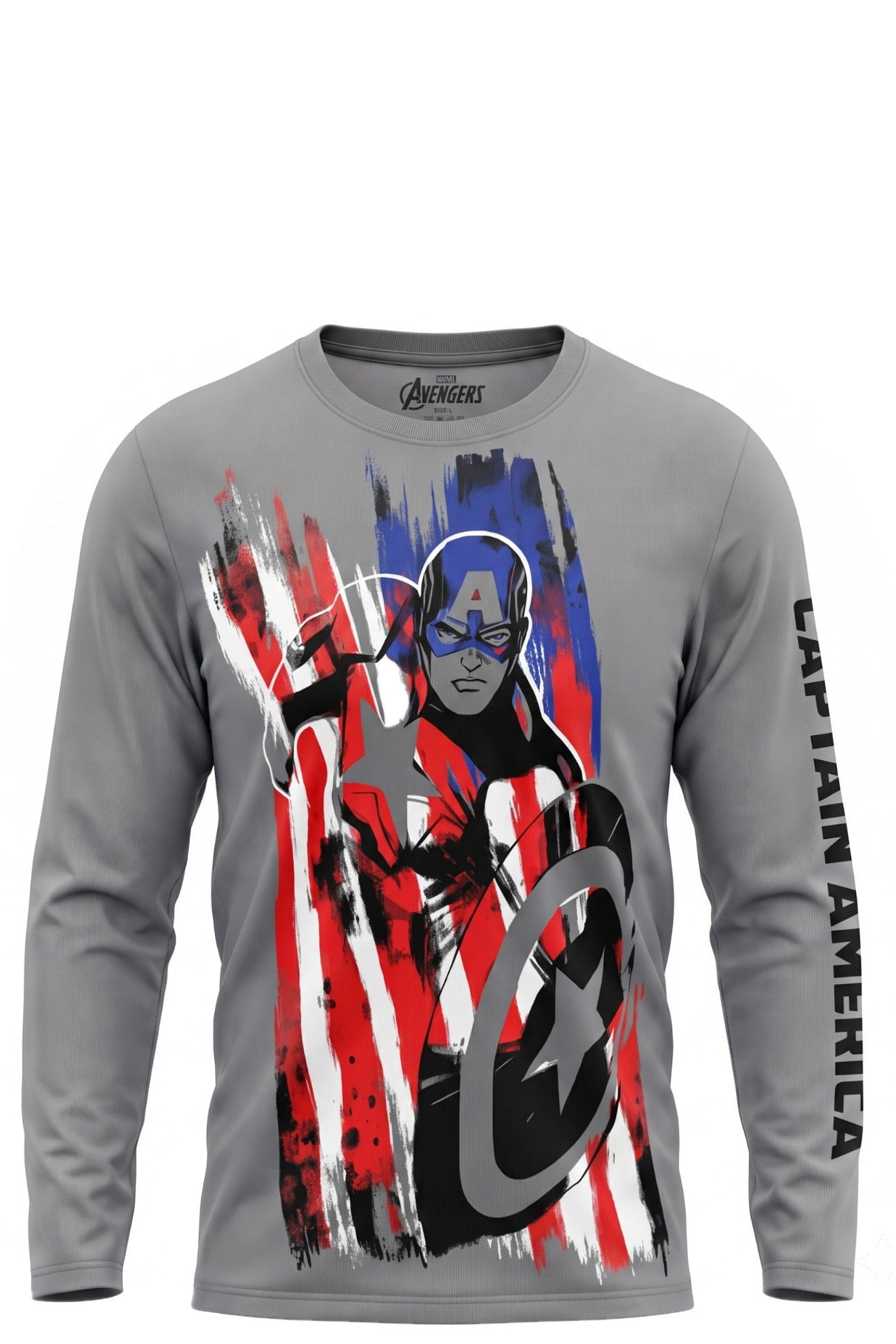 T-shirt Manches Longues Garçon Gris – Captain America Marvel Avengers – Inscription sur la Manche – 4 à 10 ans – Neuf