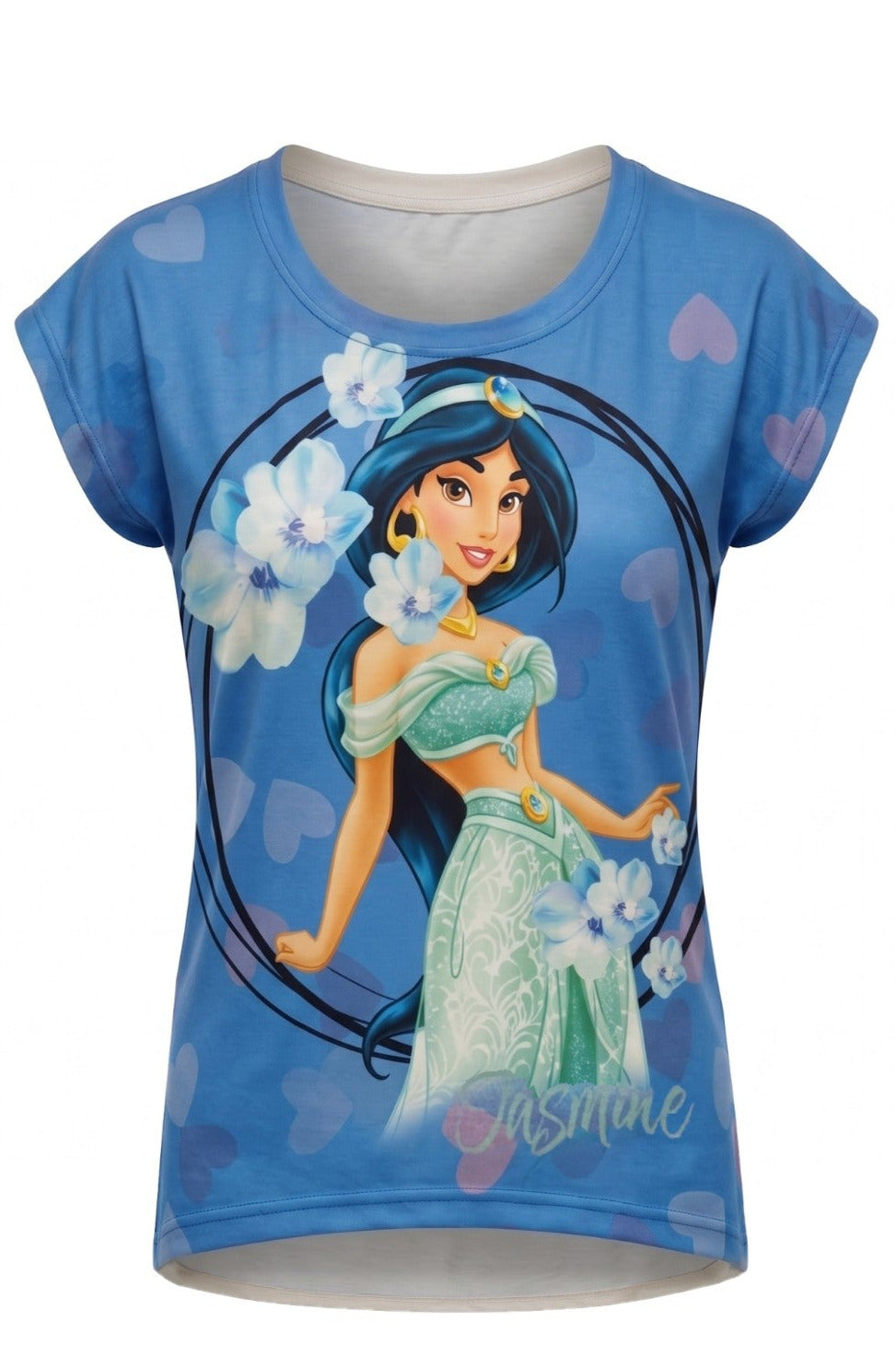T-shirt Fille Princesse Jasmine Bleu & Blanc – Impression Sublimée Full Print – Coupe High-Low – 4 à 14 ans – Neuf