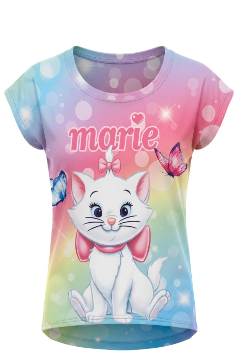 T-shirt Enfant Chat Marie – Rose Arc-en-Ciel – Impression Sublimée Full Print – Manches Courtes – 2 à 8 ans – Neuf
