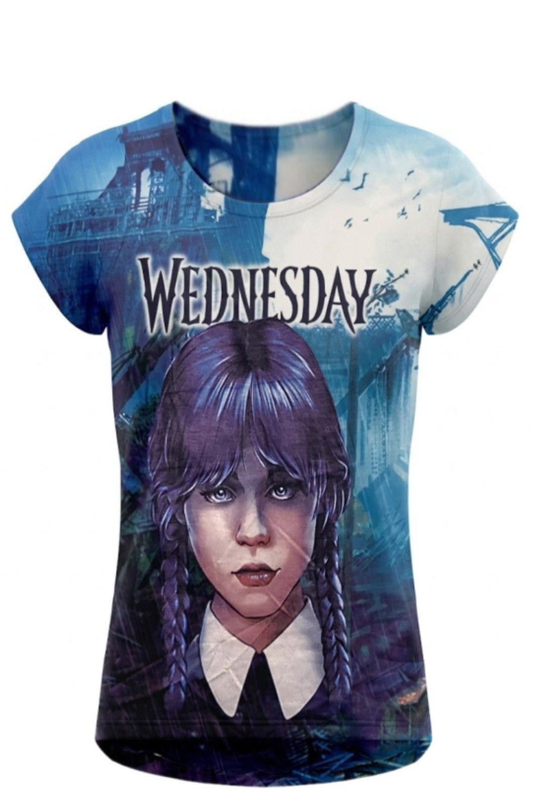 T-shirt Fille Mercredi Addams Portrait Gothique Bleu & Décor Sombre – Impression Sublimée Full Print – Manches Courtes – 6 à 16 ans – Neuf
