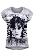 T-shirt Fille Mercredi Addams Motif Noir & Gris Style Mur Brique – Impression Sublimée Full Print – Manches Courtes – 6 à 16 ans – Neuf