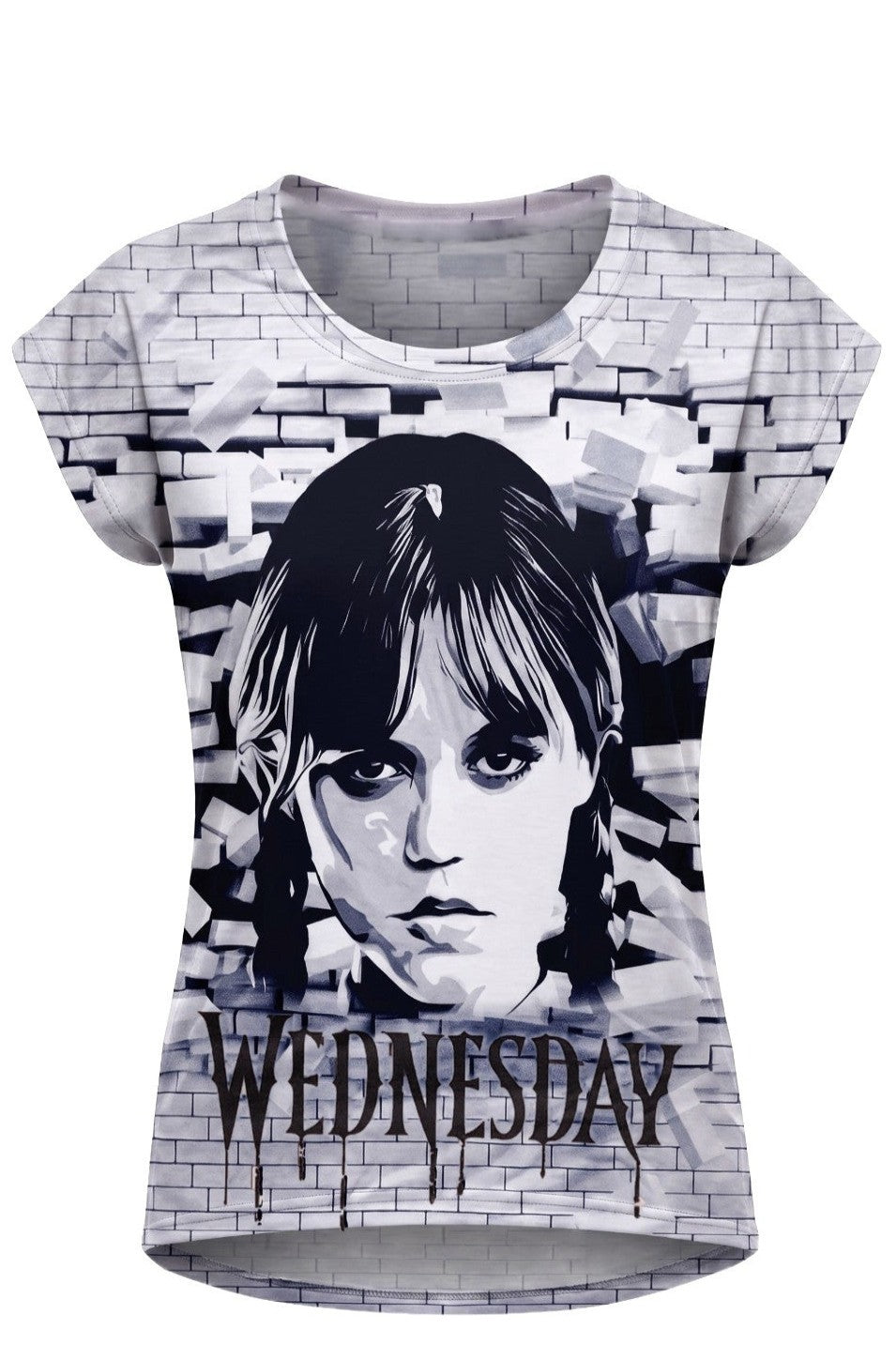 T-shirt Fille Mercredi Addams Motif Noir & Gris Style Mur Brique – Impression Sublimée Full Print – Manches Courtes – 6 à 16 ans – Neuf