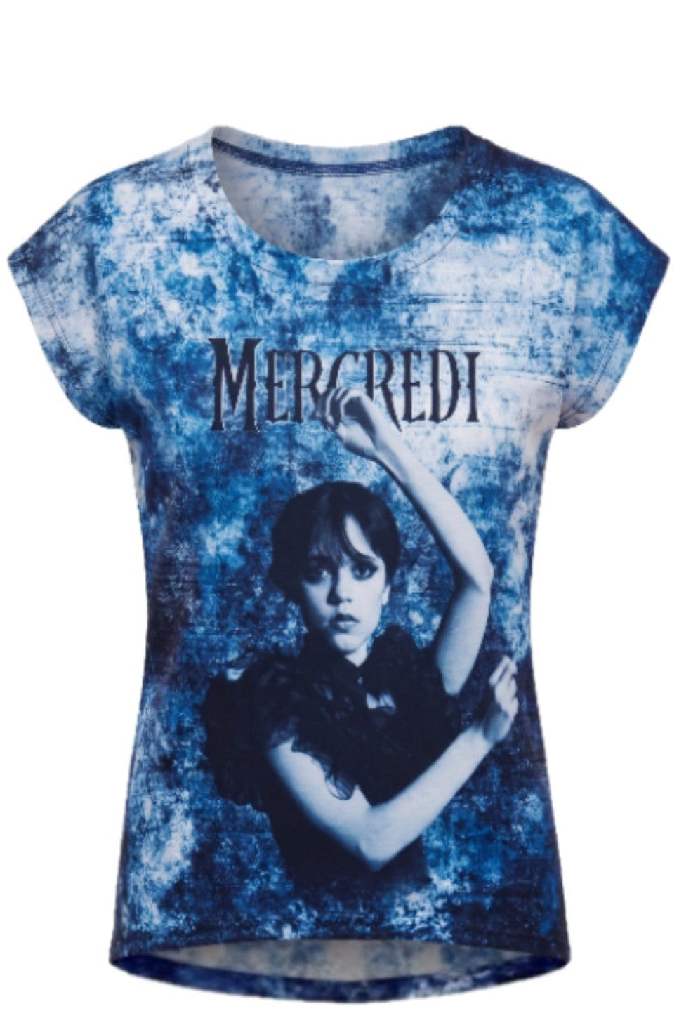 T-shirt Fille Mercredi Addams Motif Bleu Texturé & Portrait Sombre – Impression Sublimée Full Print – Manches Courtes – 6 à 16 ans – Neuf