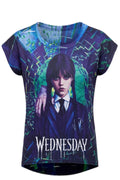 T-shirt Fille Mercredi Addams Portrait Multicolore avec Thing – Impression Sublimée Full Print – Coupe High-Low – 6 à 16 ans – Neuf