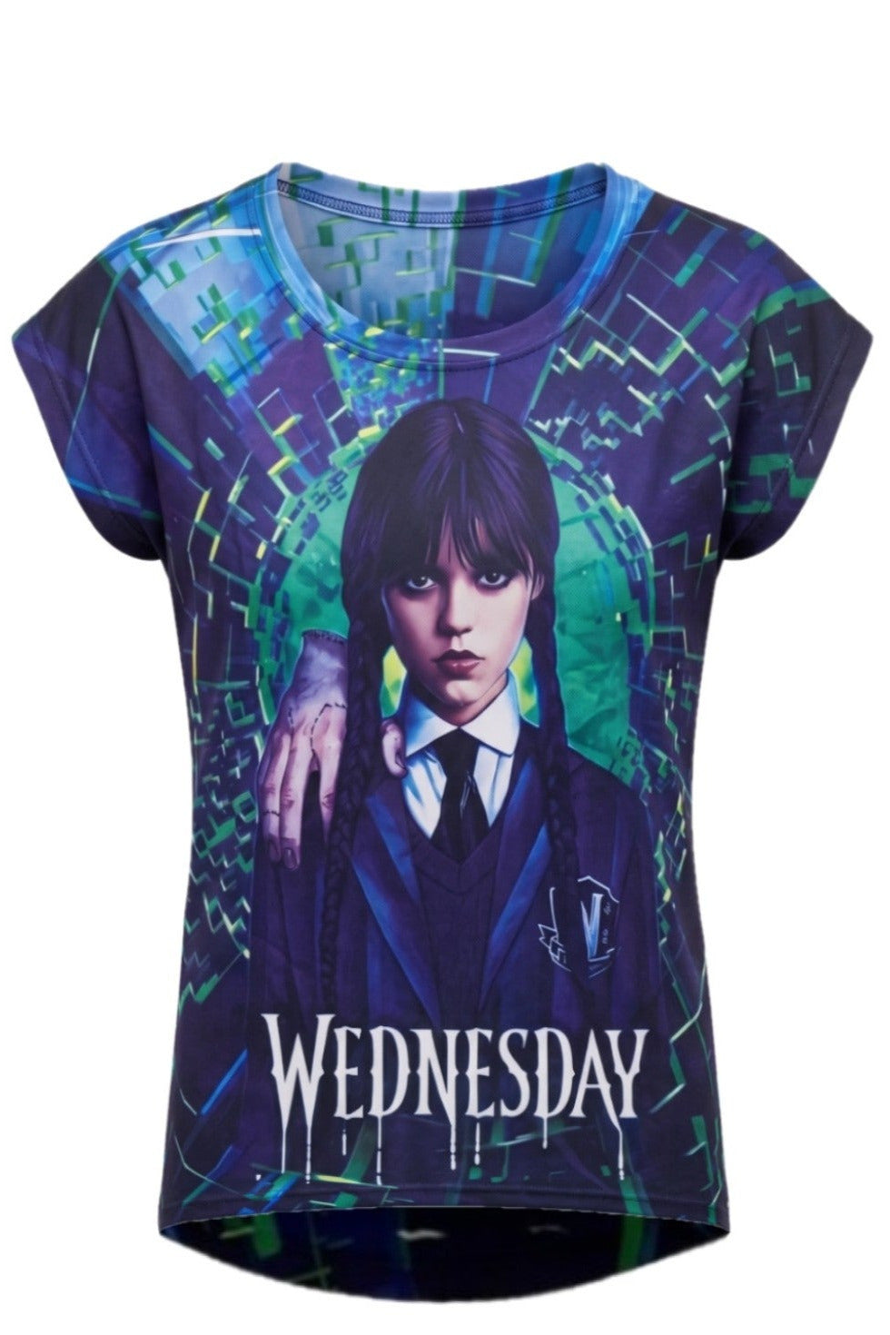 T-shirt Fille Mercredi Addams Portrait Multicolore avec Thing – Impression Sublimée Full Print – Coupe High-Low – 6 à 16 ans – Neuf