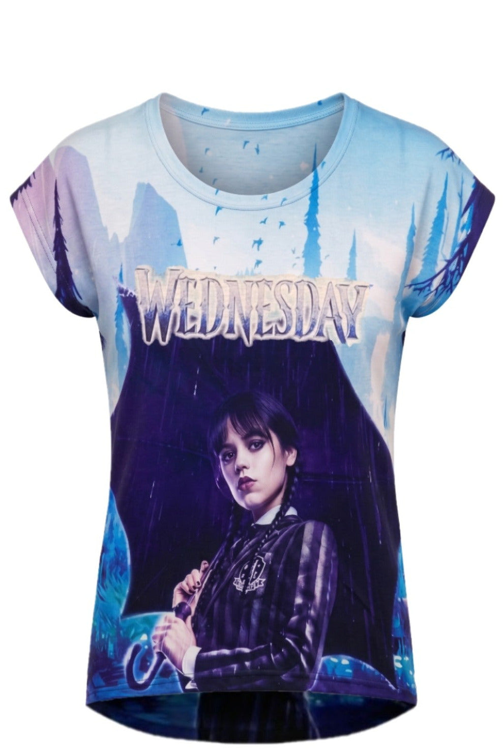 T-shirt Fille Mercredi Addams Portrait au Parapluie Fond Sombre & Brume – Impression Sublimée Full Print – Manches Courtes – 6 à 16 ans – Neuf
