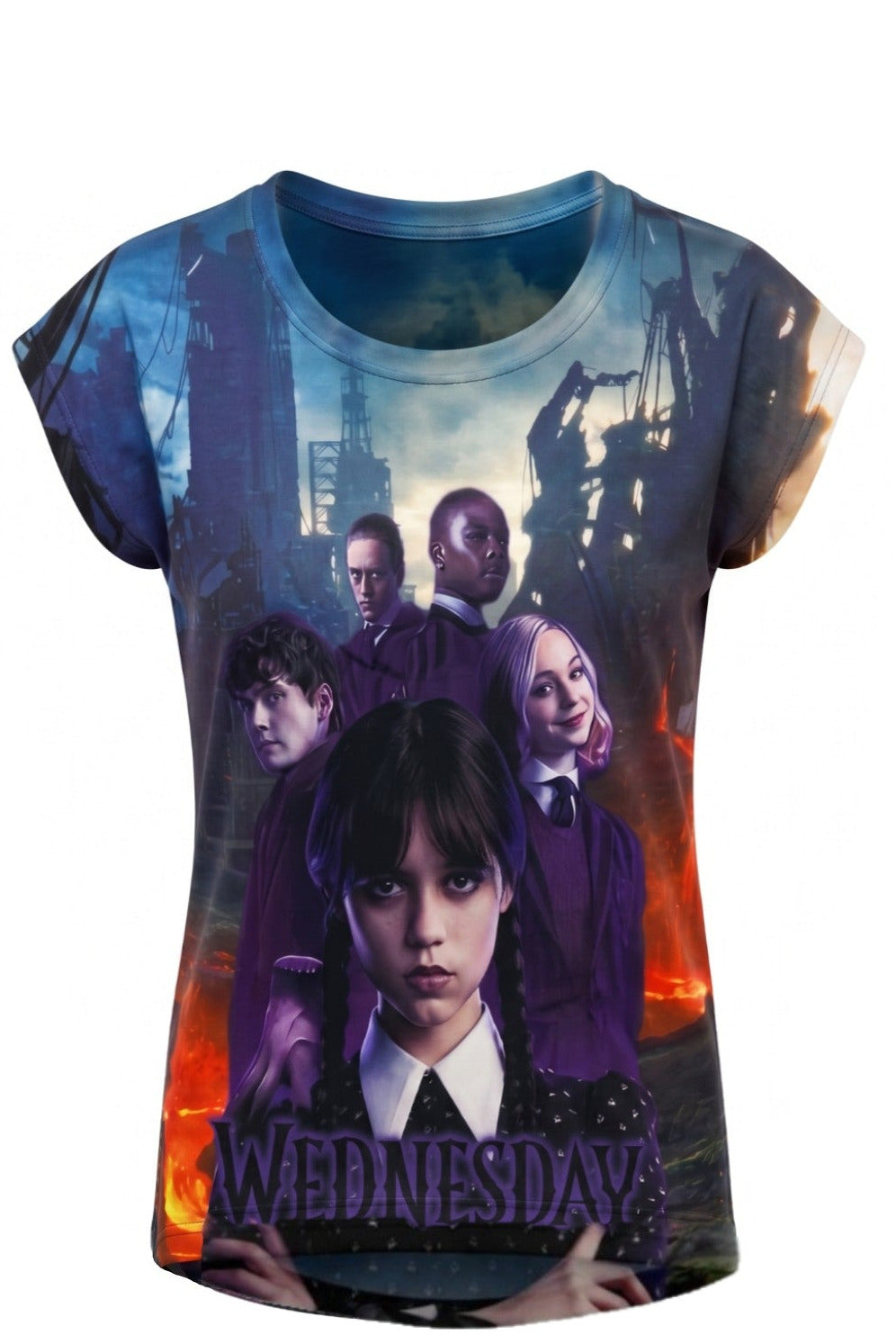 T-shirt Fille Mercredi Addams Groupe de Personnages Fond Violet Sombre – Impression Sublimée Full Print – Manches Courtes – 6 à 16 ans – Neuf