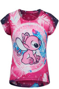 T-shirt Fille Angel Stitch – Rose & Multicolore – Impression Sublimée Full Print – Manches Courtes – 2 à 12 ans – Neuf