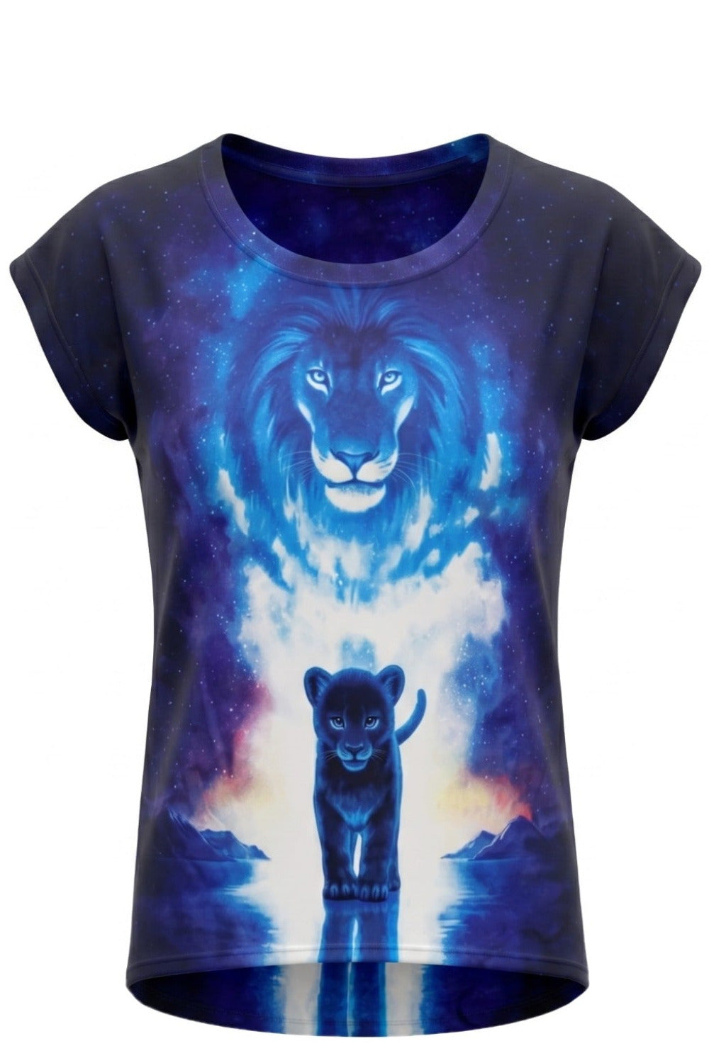 T-shirt Fille Lion & Lionceau Bleu Profond – Impression Sublimée Full Print – Manches Courtes – 4 à 14 ans – Neuf