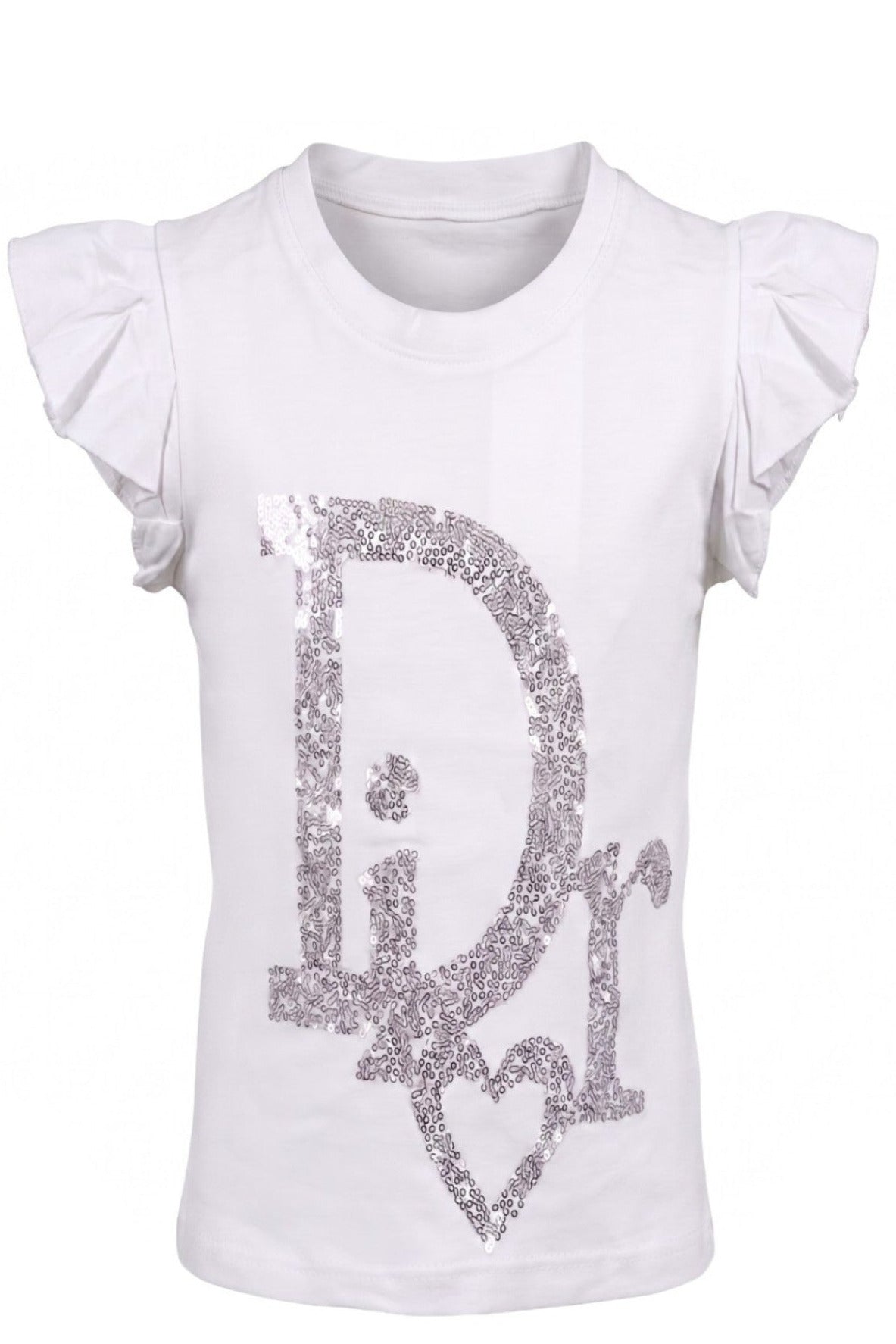 T-shirt Fille Blanc Logo Argenté Paillettes & Manches Volantées – 4 à 14 ans – Neuf