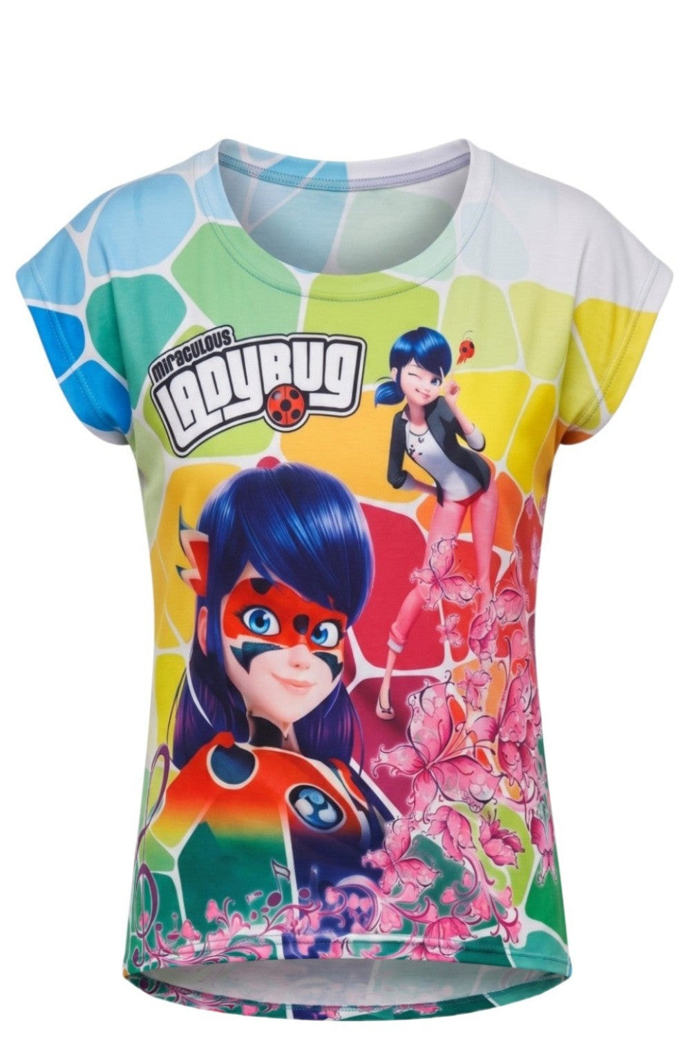 T-shirt Fille Ladybug Miraculous Multicolore – Impression Sublimée Full Print – Manches Courtes – 4 à 10 ans – Neuf