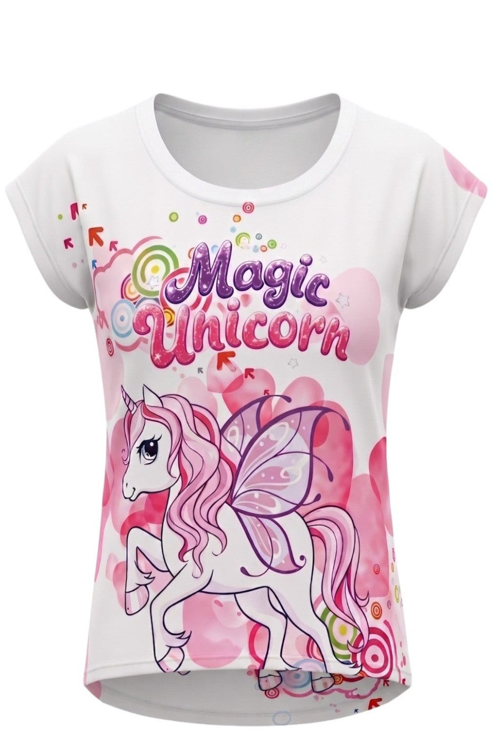 T-shirt Fille Magic Unicorn Licorne Ailes Roses – Impression Sublimée Full Print – Manches Courtes – 2 à 12 ans – Neuf
