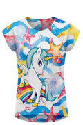 T-shirt Fille Licorne Arc-en-Ciel & Océan – Impression Sublimée Full Print – Manches Courtes – 4 à 10 ans – Neuf
