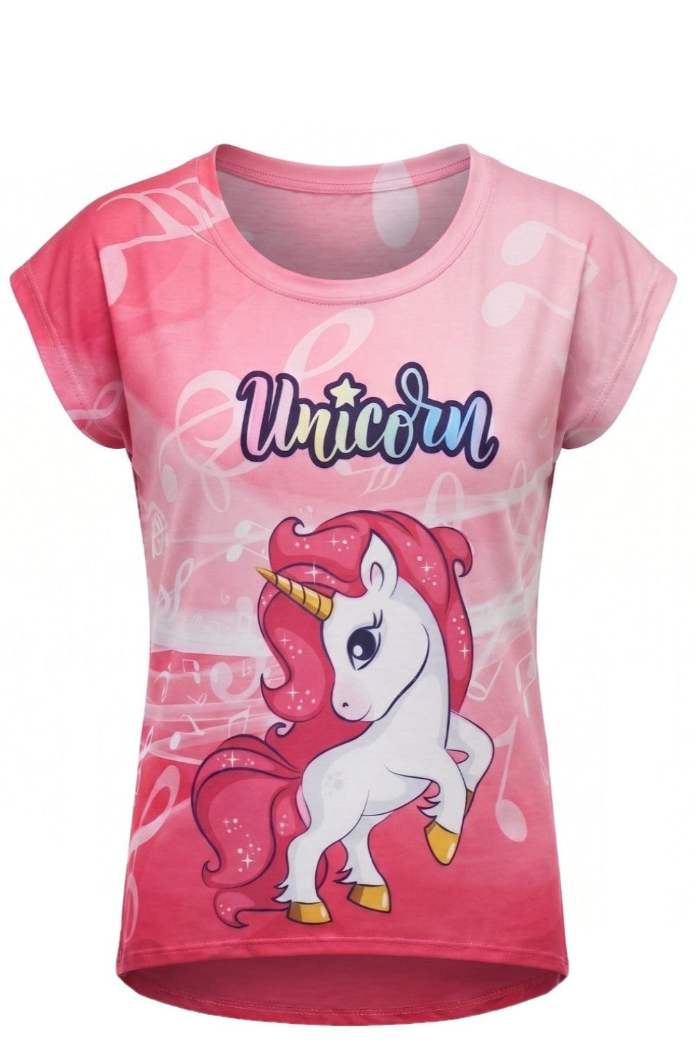 T-shirt Enfant Licorne Rose Dégradé – Impression Sublimée Full Print – Manches Courtes – 4 à 10 ans – Neuf