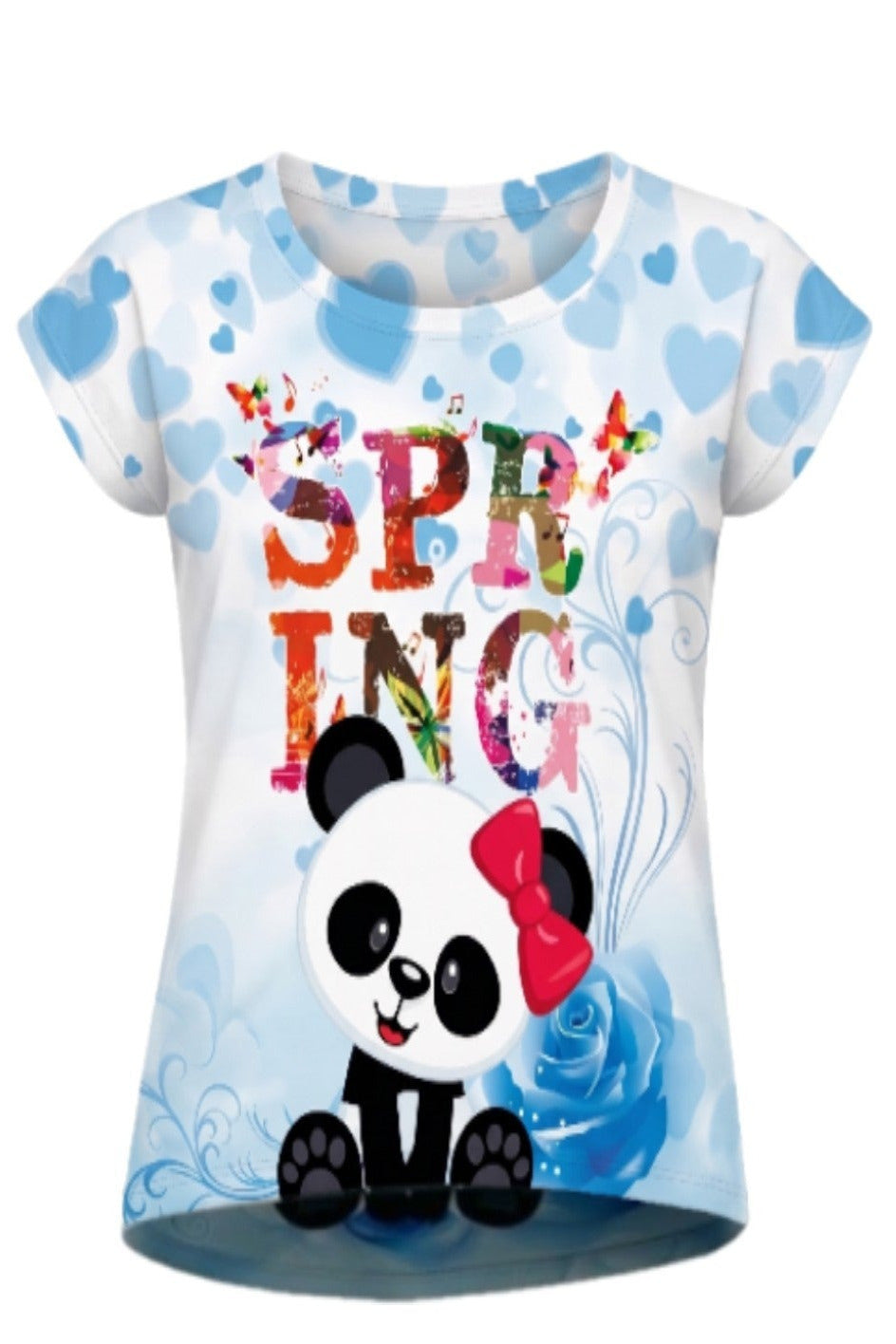 T-shirt Enfant Panda Spring Bleu & Blanc Tie-Dye – Impression Sublimée Full Print – Coupe High-Low – 2 à 12 ans – Neuf