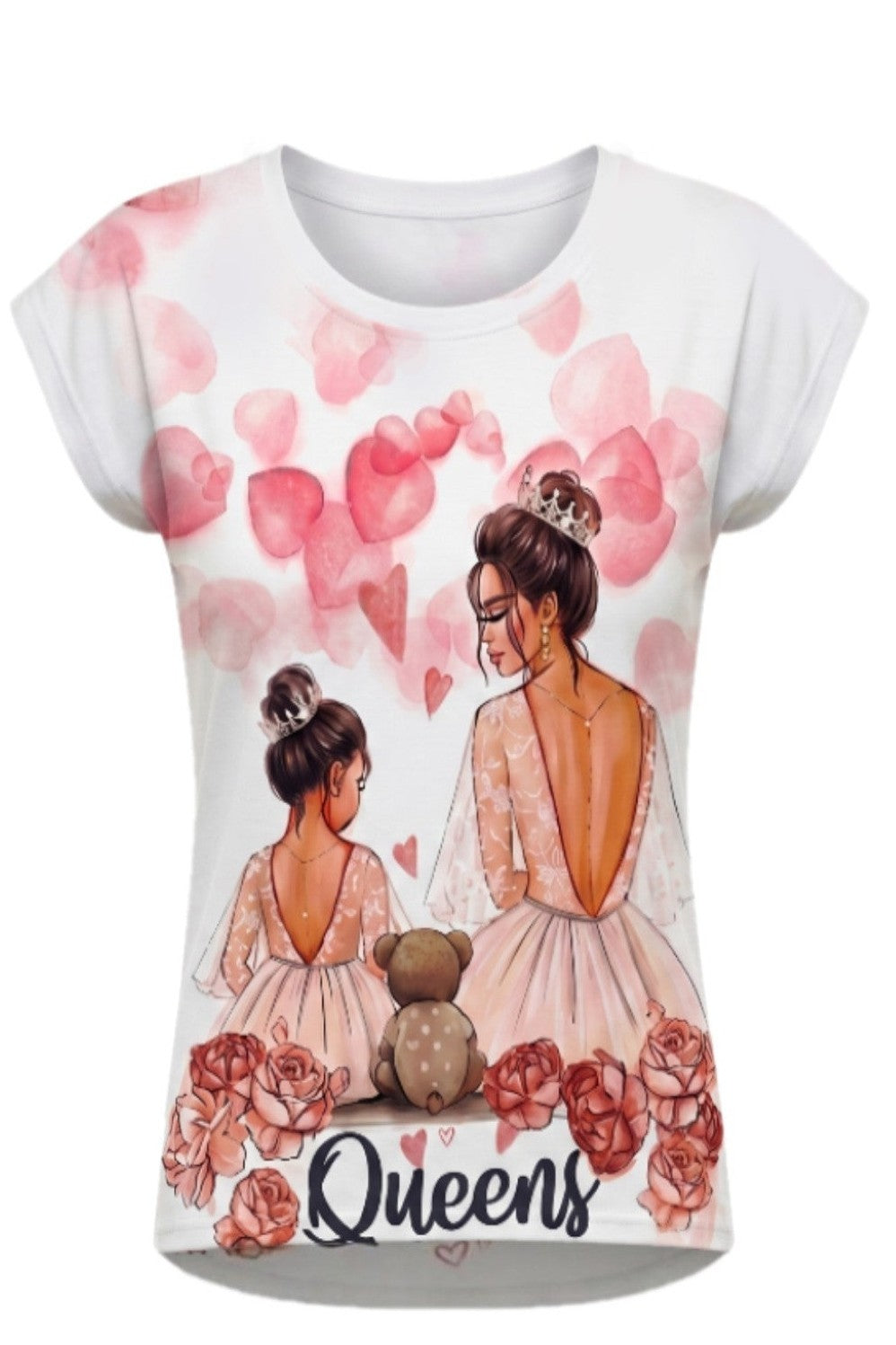 T-shirt Fille Queens Duo Maman & Fille – Impression Sublimée Full Print – Coupe High-Low – 4 à 14 ans – Neuf