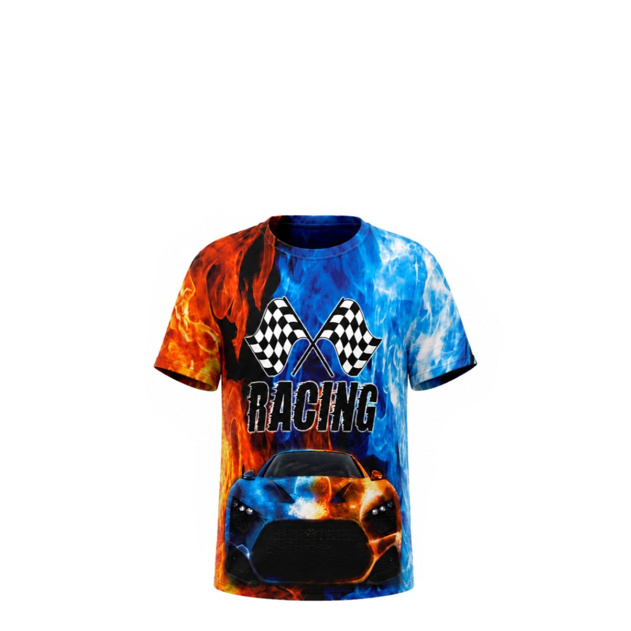 T-shirt Garçon « Racing » – Voiture de Course en Flammes – Impression Sublimée Full Print – Effet Feu & Glace Orange/Bleu – 4 à 14 ans – Neuf