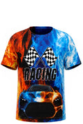 T-shirt Garçon « Racing » – Voiture de Course en Flammes – Impression Sublimée Full Print – Effet Feu & Glace Orange/Bleu – 4 à 14 ans – Neuf