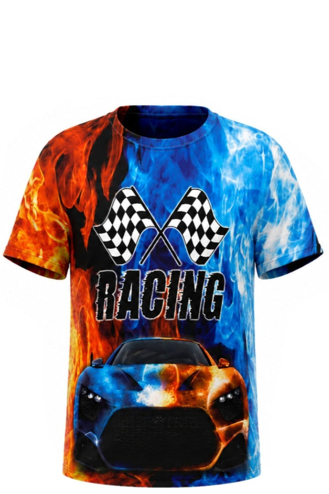 T-shirt Garçon « Racing » – Voiture de Course en Flammes – Impression Sublimée Full Print – Effet Feu & Glace Orange/Bleu – 4 à 14 ans – Neuf
