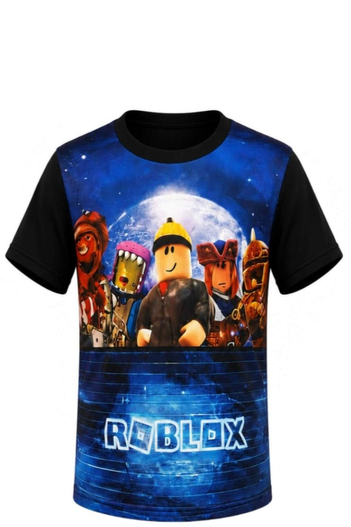 T-shirt Garçon Roblox – Héros Pixelisés – Impression Sublimée Full Print Scène Nocturne – 4 à 16 ans – Neuf