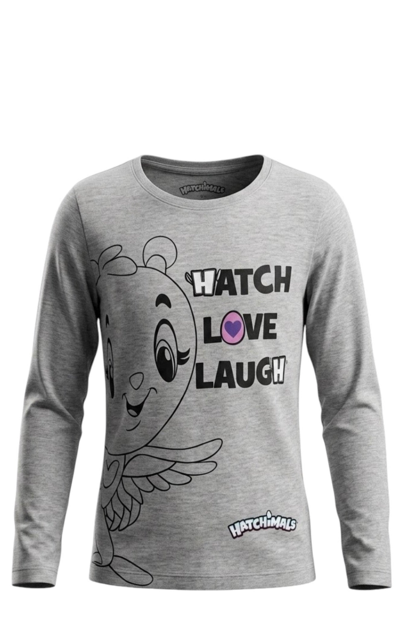 T-shirt Fille Manches Longues Gris Chiné – Motif Hatchimals "Hatch Love Laugh" – Col Rond – 3 à 6 ans – Neuf