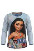 T-shirt Fille Manches Longues Bleu Ciel – Motif Vaïana Disney – Portrait Réaliste & Fleurs Tropicales – 2 à 8 ans – Neuf