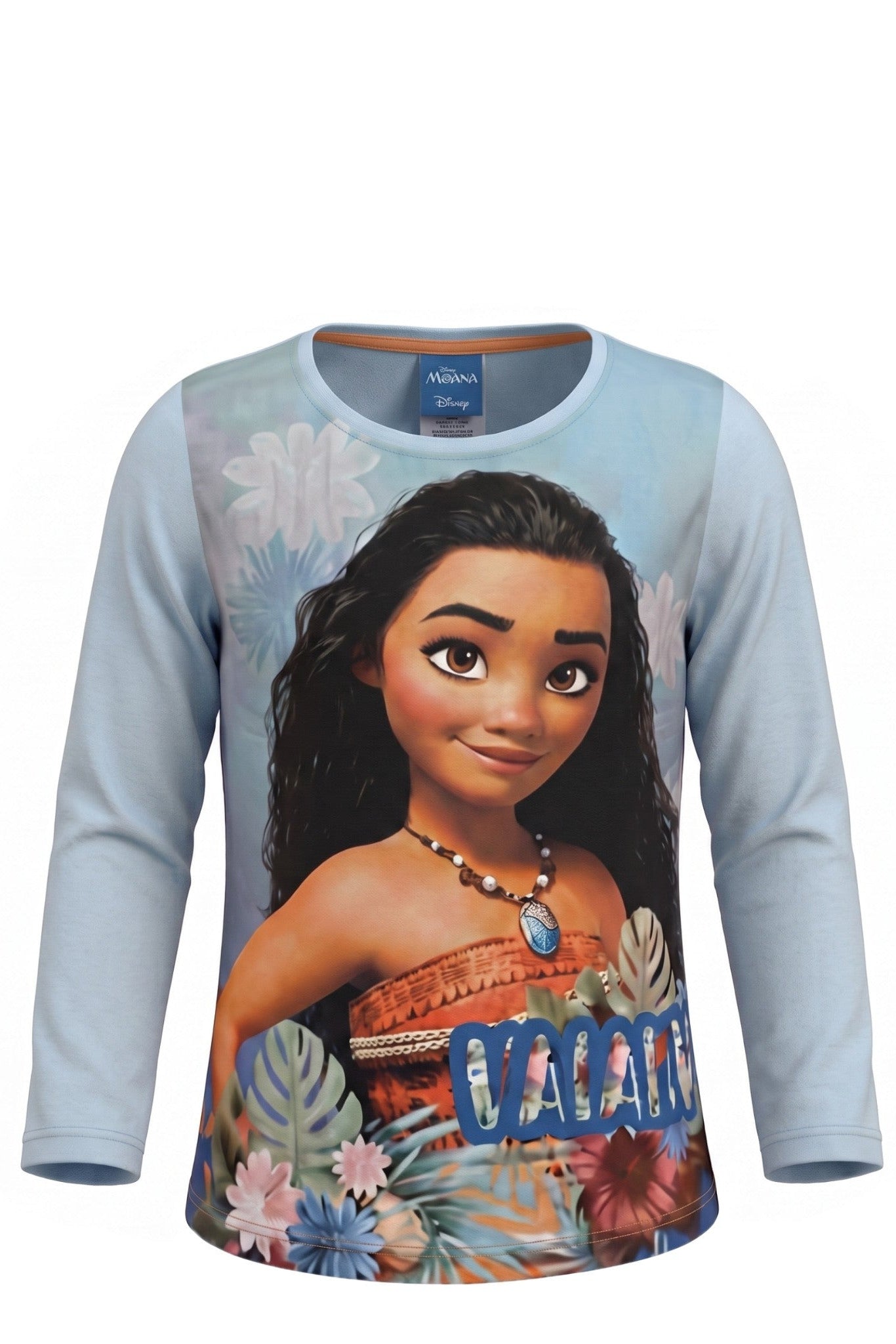 T-shirt Fille Manches Longues Bleu Ciel – Motif Vaïana Disney – Portrait Réaliste & Fleurs Tropicales – 2 à 8 ans – Neuf
