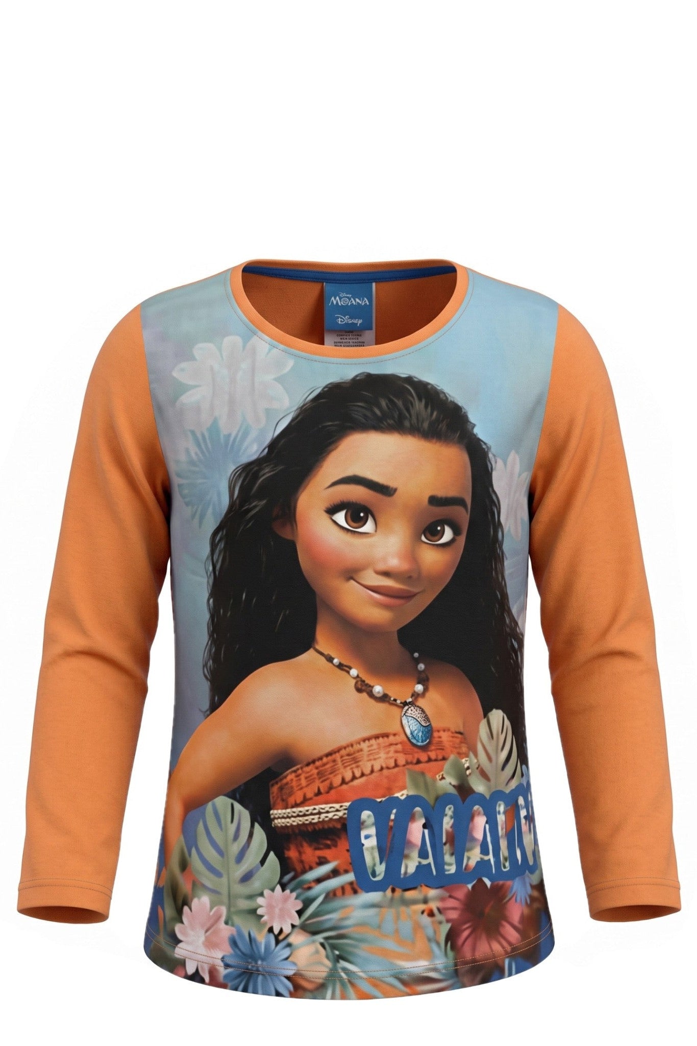 T-shirt Fille Manches Longues Orange – Motif Vaïana Disney – Portrait Réaliste & Fleurs Tropicales – 2 à 8 ans – Neuf