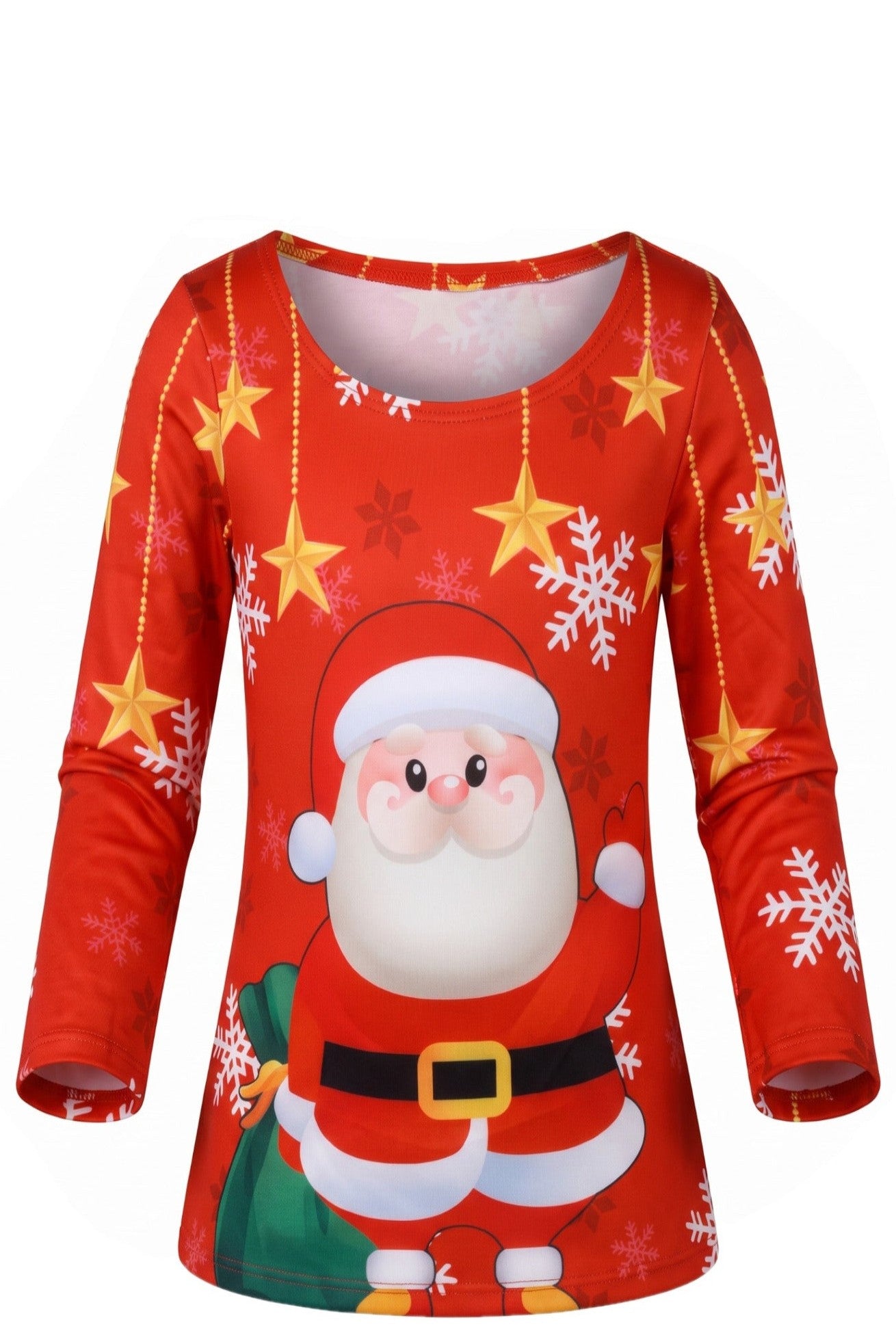 Tunique Fille Noël Full Print Rouge – Père Noël Cartoon Hotte Verte – Étoiles Dorées & Flocons – Col Rond – 2 à 12 ans – Neuf