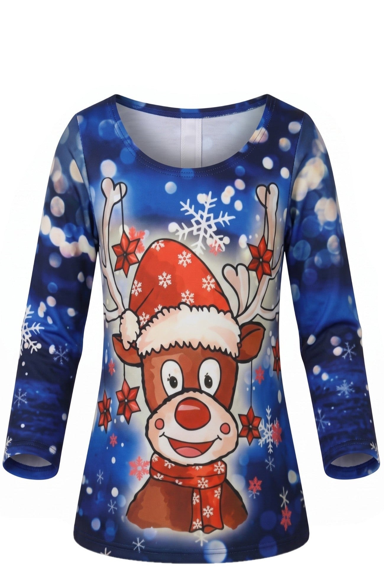 Tunique Fille Noël Full Print Bleu Nuit – Renne Cartoon Bonnet Rouge & Flocons – Col Rond – 2 à 12 ans – Neuf