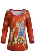 Tunique Fille Noël Full Print Rouge – Renne Géométrique Doré & Sapin Bleu Enneigé – Flocons – Col Rond – 2 à 12 ans – Neuf