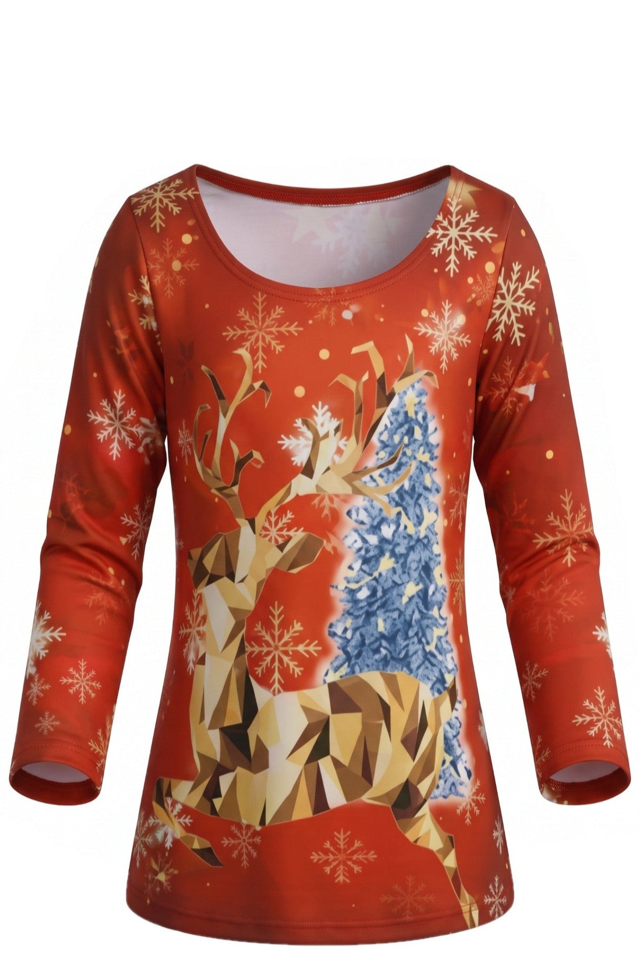 Tunique Fille Noël Full Print Rouge – Renne Géométrique Doré & Sapin Bleu Enneigé – Flocons – Col Rond – 2 à 12 ans – Neuf