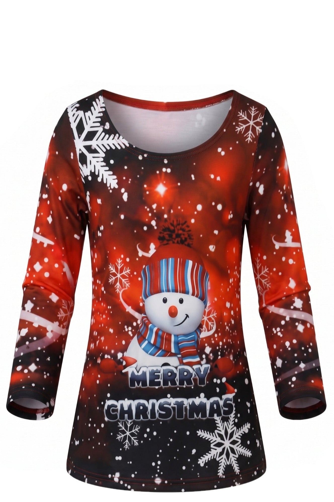 Tunique Fille Noël Full Print Rouge – Bonhomme de Neige & Flocons – "Merry Christmas" – Col Rond – 2 à 12 ans – Neuf